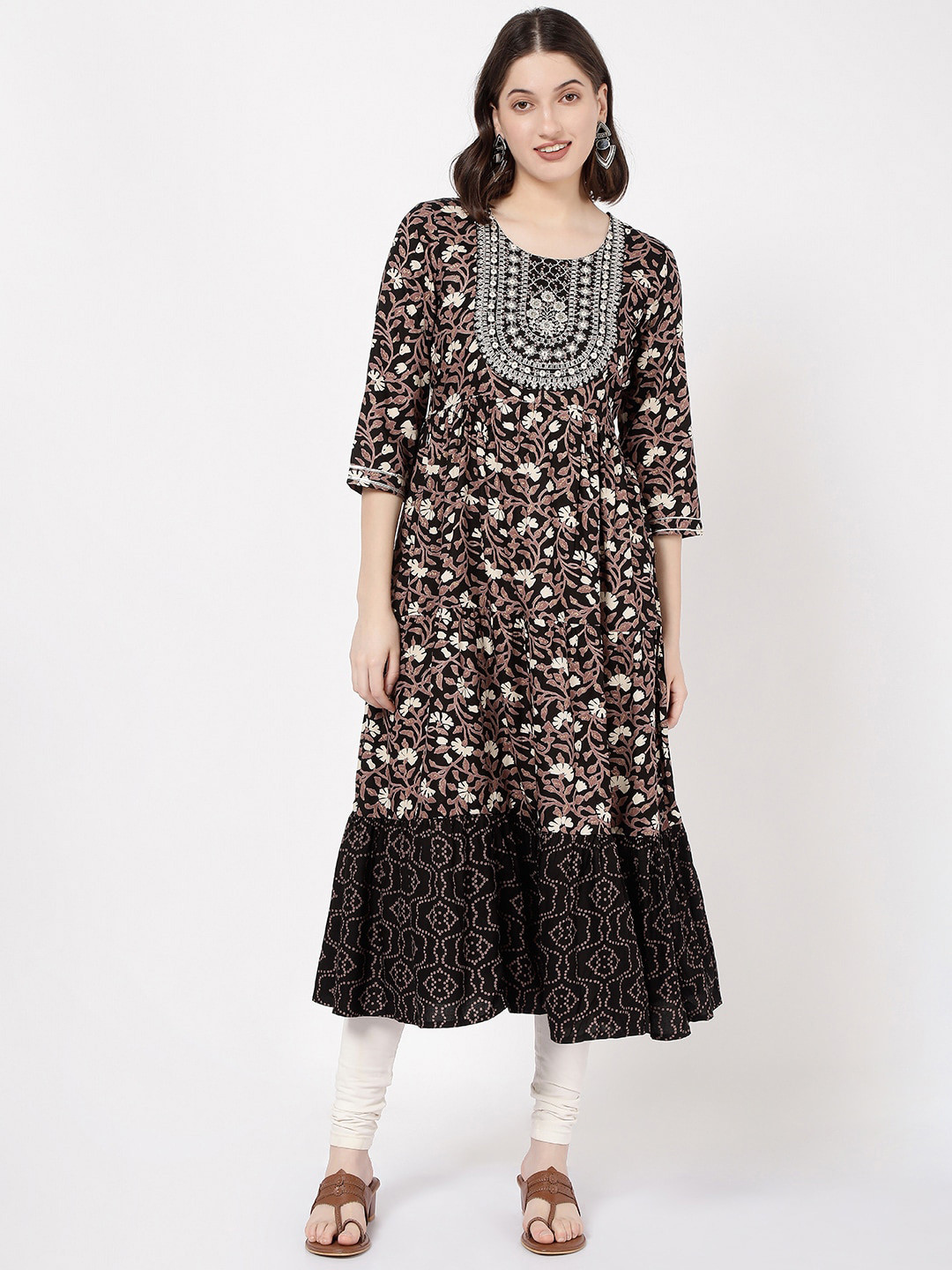 

R&B Floral Printed A-Line Kurta, Black