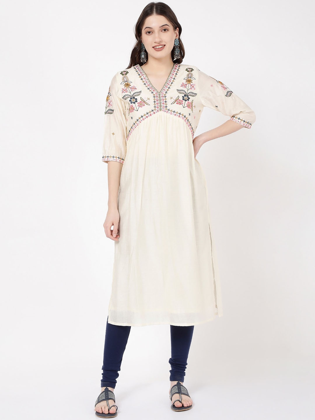 

R&B Floral Embroidered Straight Empire Kurta, White