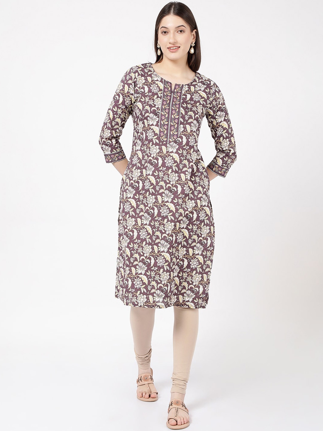 

R&B Floral Printed Regular Cotton Kurta, Burgundy