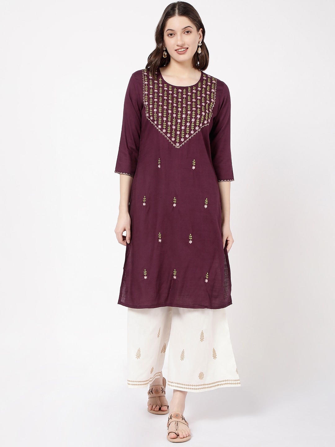 

R&B Ethnic Motifs Yoke Design Regular Kurta, Burgundy
