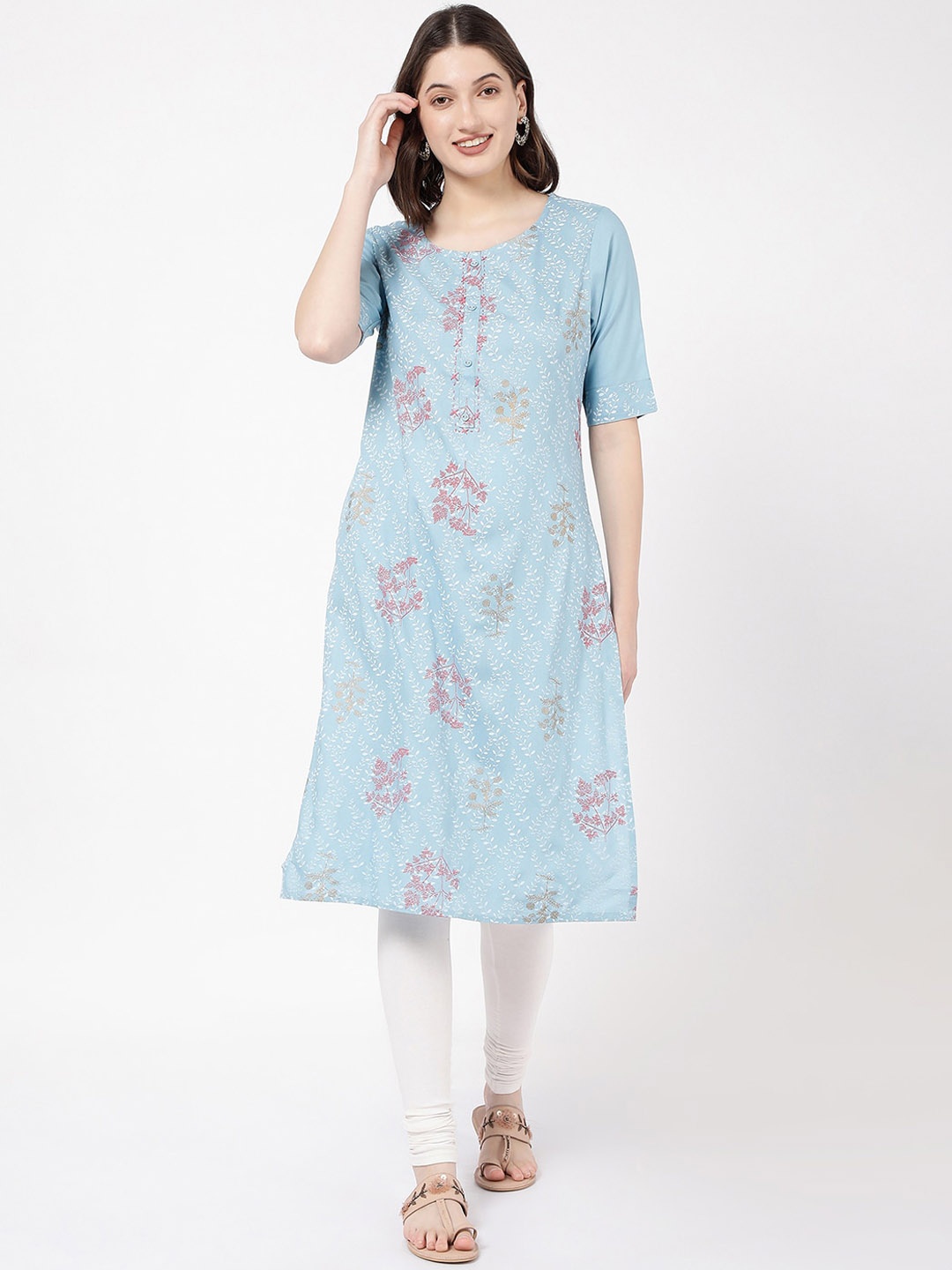 

R&B Ethnic Motifs Printed Thread Work Regular Kurta, Blue