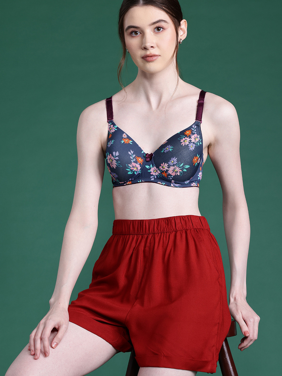 

DressBerry Floral Printed Full Coverage Lightly Padded Bra, Navy blue