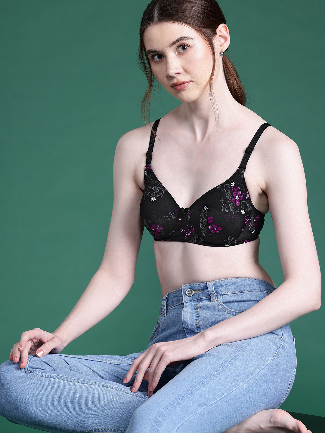 

DressBerry Floral Print Lightly Padded Full Coverage Bra, Black