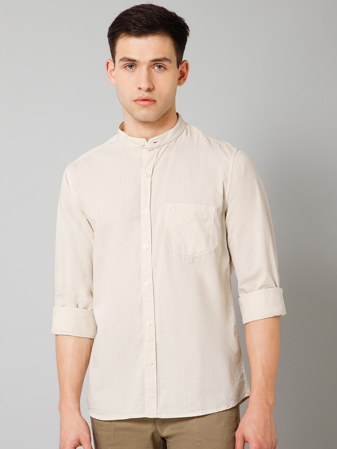 

Cantabil Comfort Band Collar Cotton Casual Shirt, Beige