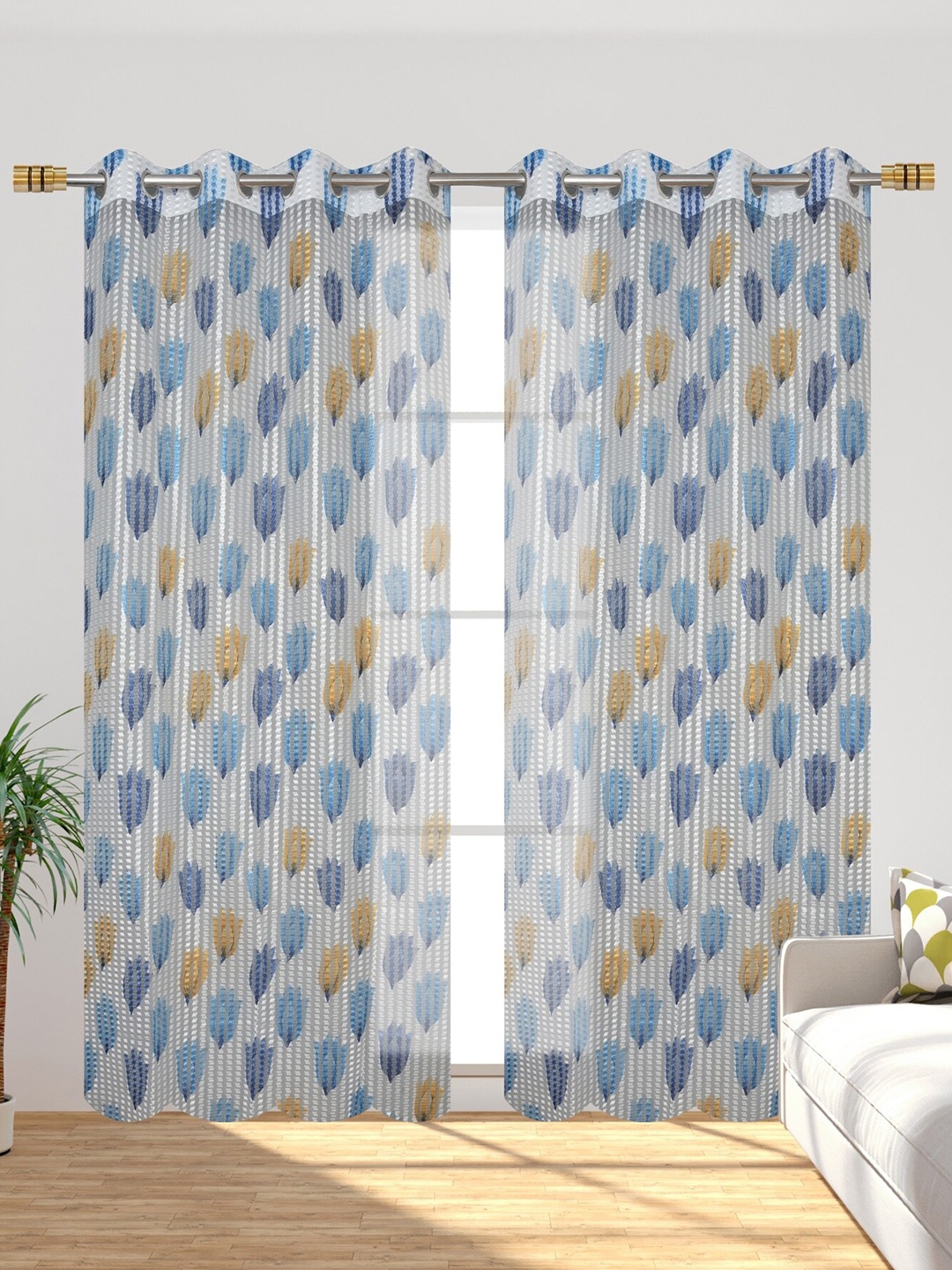 

Aura White & Blue 2 Pieces Floral Printed Sheer Door Curtain