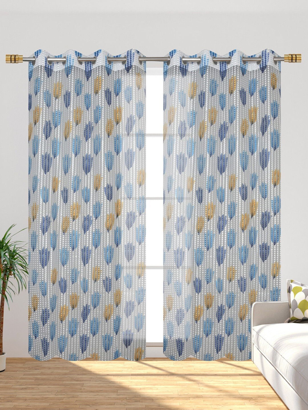 

Aura White & Blue2 Pieces Floral Printed Sheer Window Curtain