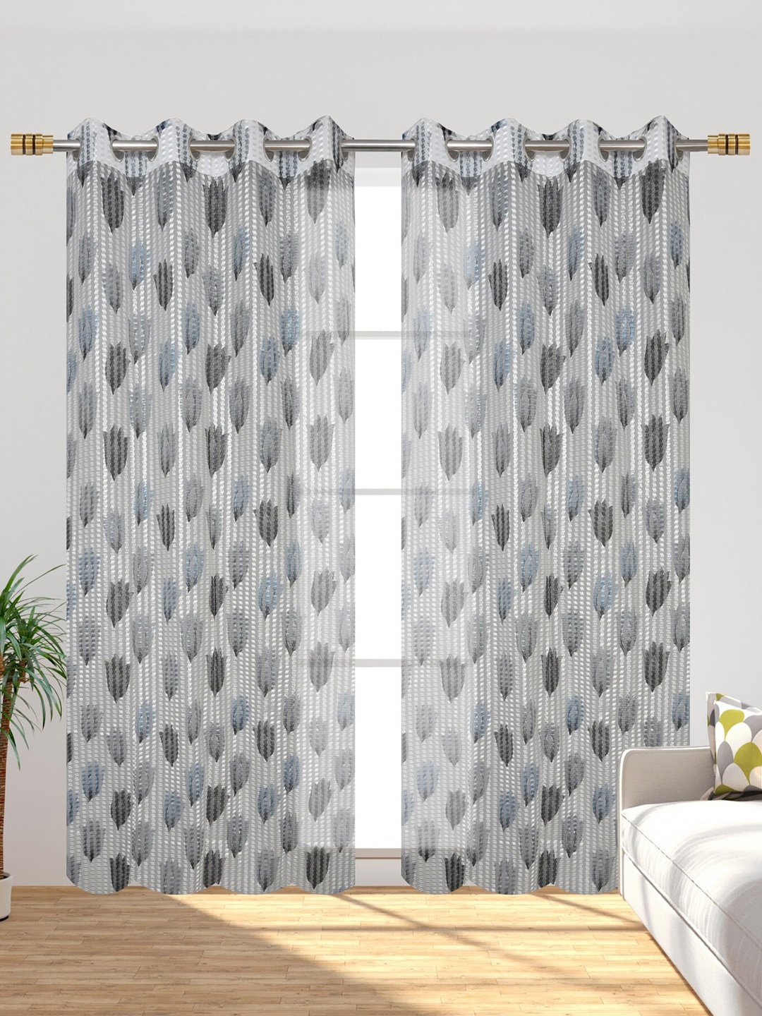 

Aura Grey & White 2 Pieces Floral Eyelet Long Door Sheer Curtains