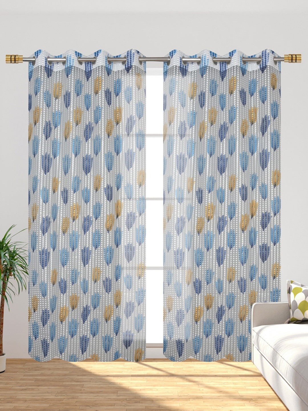 

Aura Blue & White 2 Pieces Floral Eyelet Long Door Sheer Curtains