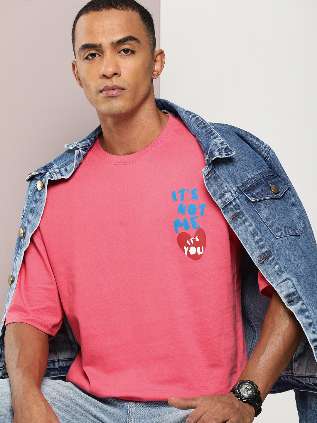 

Kook N Keech Printed Drop-Shoulder Sleeves Pure Cotton Oversized T-shirt, Pink
