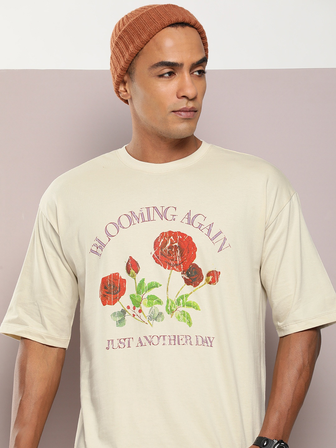 

Kook N Keech Printed Drop-Shoulder Sleeves Pure Cotton Oversized T-shirt, Cream