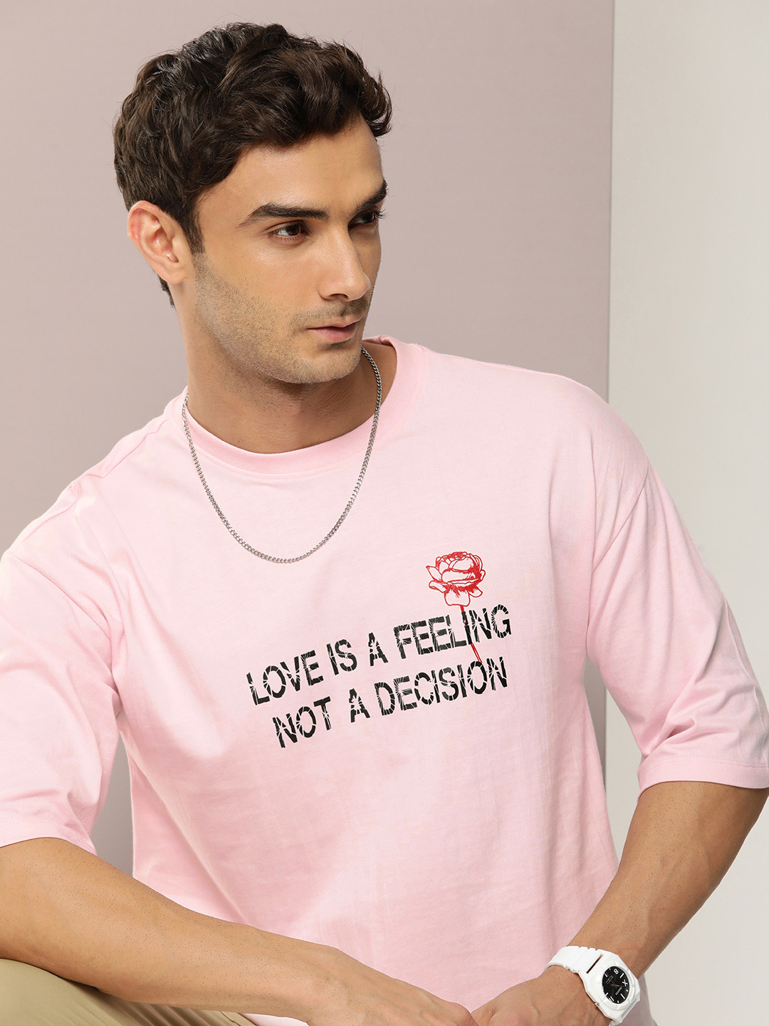 

Kook N Keech Typography Printed Drop-Shoulder Sleeves Pure Cotton Oversized T-shirt, Pink