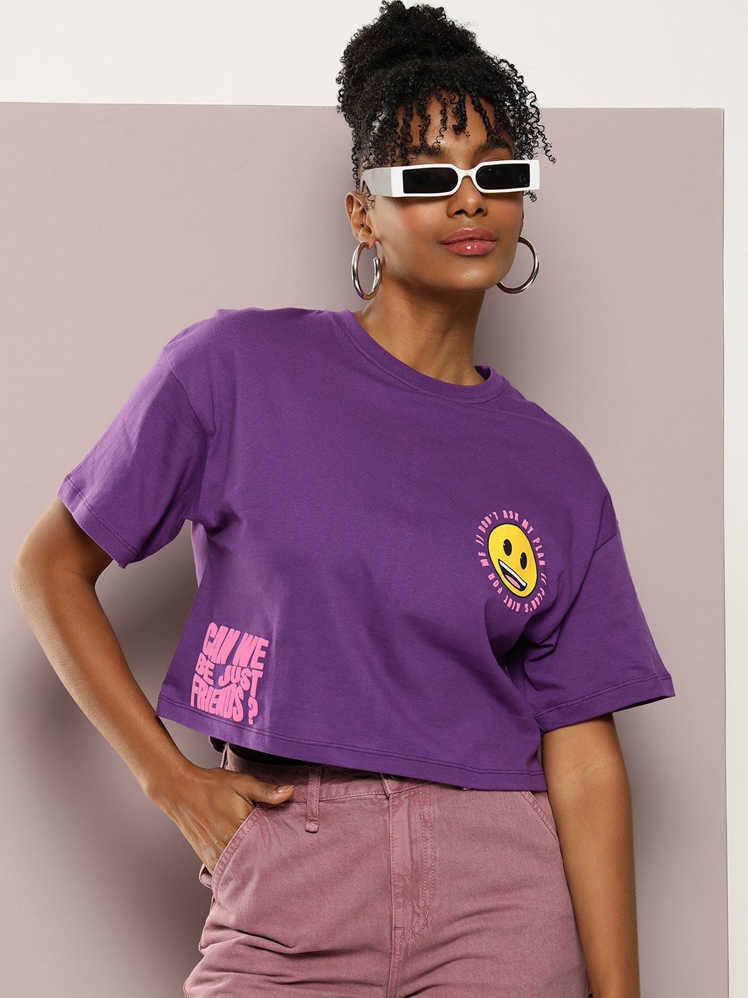 

Kook N Keech Printed Drop-Shoulder Sleeves Pure Cotton Oversized T-shirt, Purple