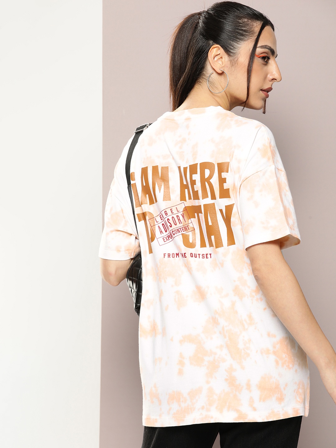 

Kook N Keech Tie and Dye & Typography Printed Pure Cotton Oversized T-shirt, Peach