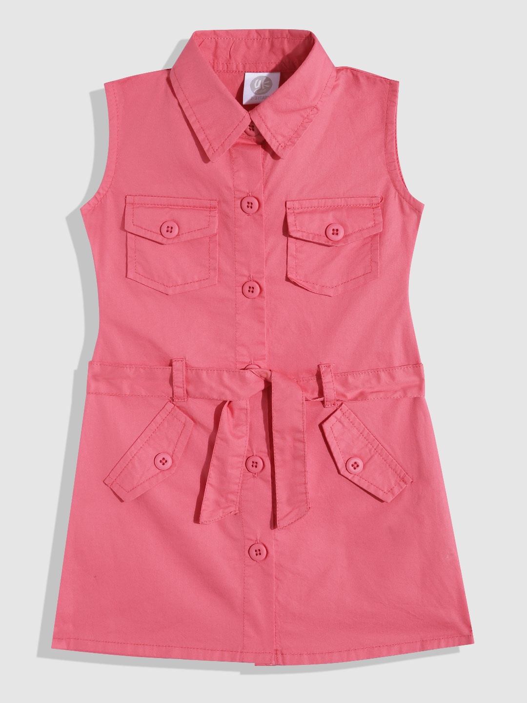 

YK Girls Pure Cotton Shirt Dress with Belt, Coral