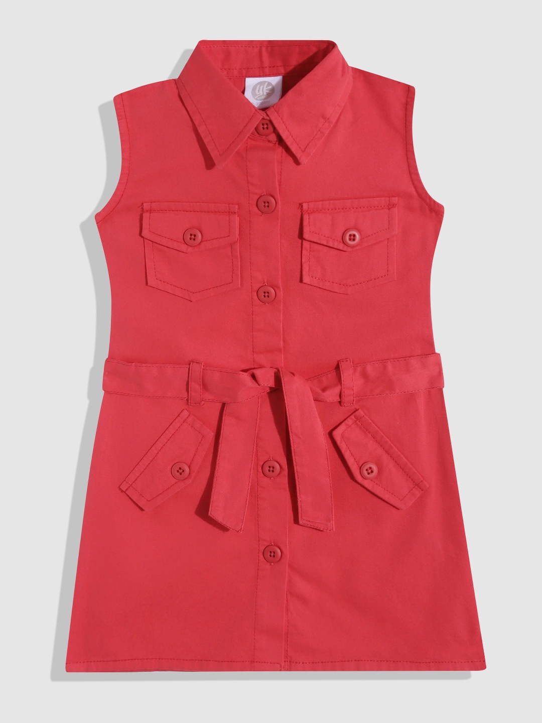 

YK Girls Pure Cotton Shirt Dress with Belt, Red