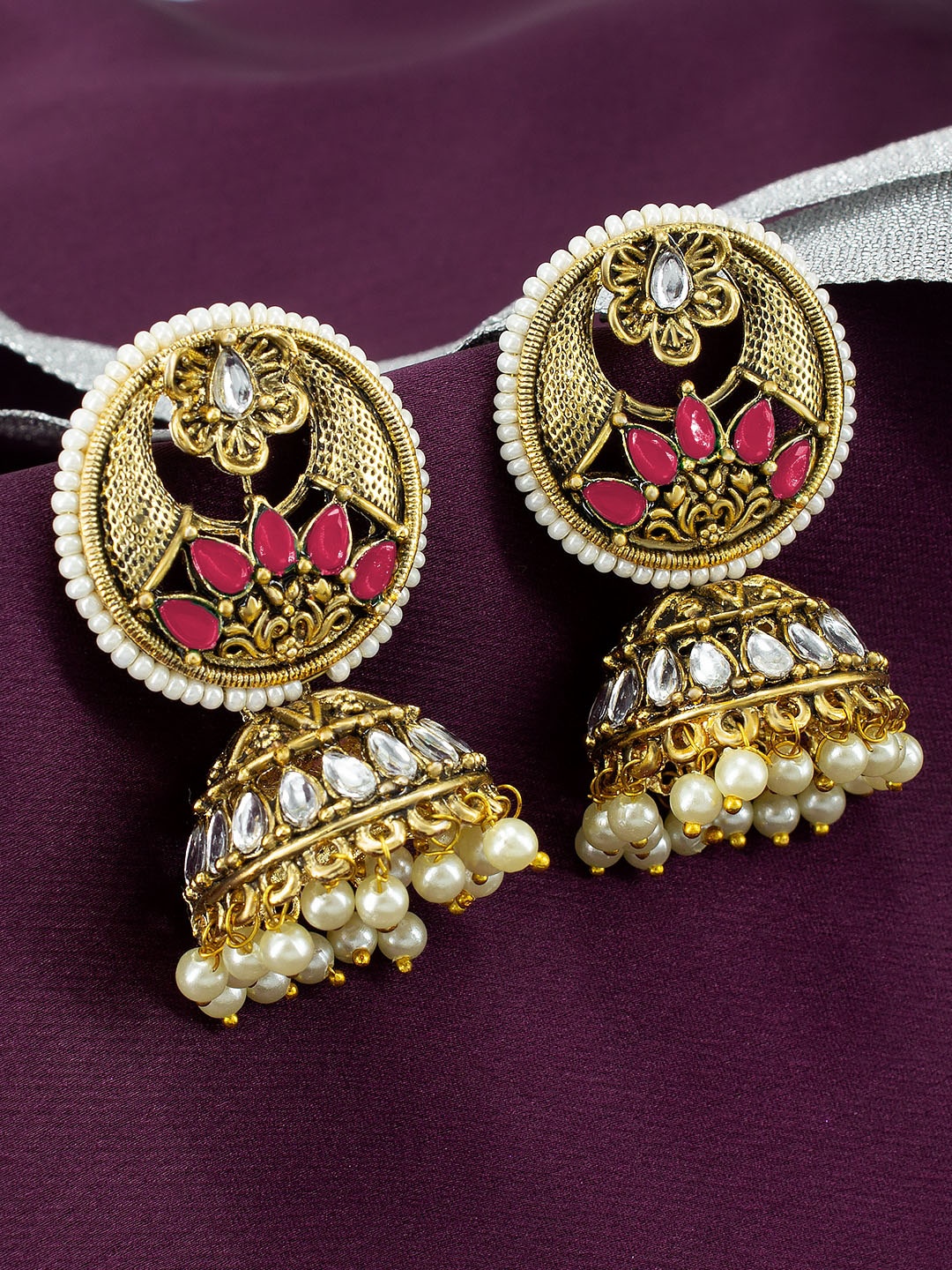 

PRIVIU Gold-Plated Stones Studded & Beads Beaded Dome Shaped Jhumkas