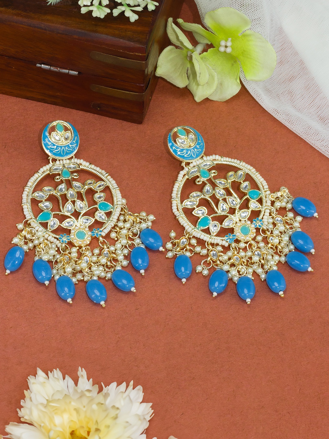 

PRIVIU Gold-Plated Stones Studded & Beads Beaded Enamelled Circular Drop Earrings