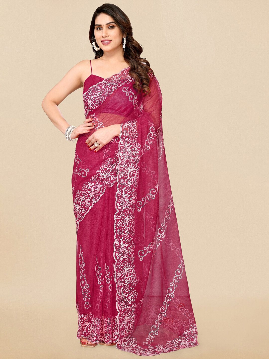 

MIRCHI FASHION Pink & White Floral Embroidered Saree