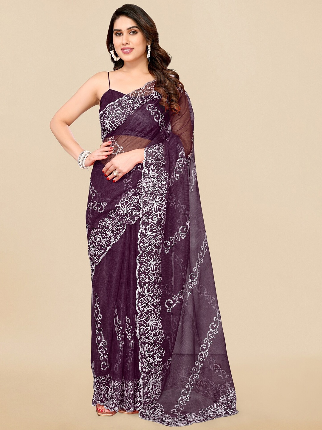 

MIRCHI FASHION Purple & White Floral Embroidered Saree