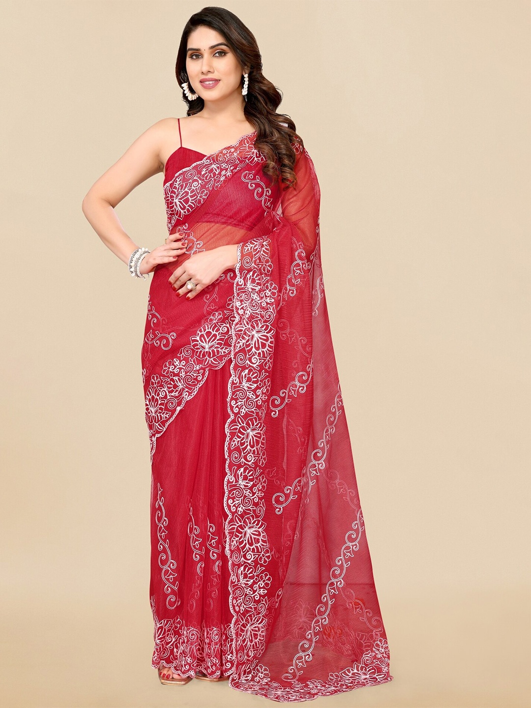 

MIRCHI FASHION Red & White Floral Embroidered Saree