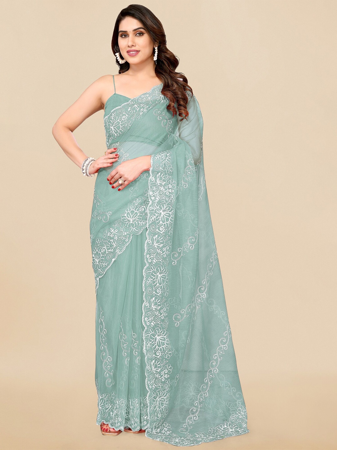 

MIRCHI FASHION Teal Green & White Floral Embroidered Saree