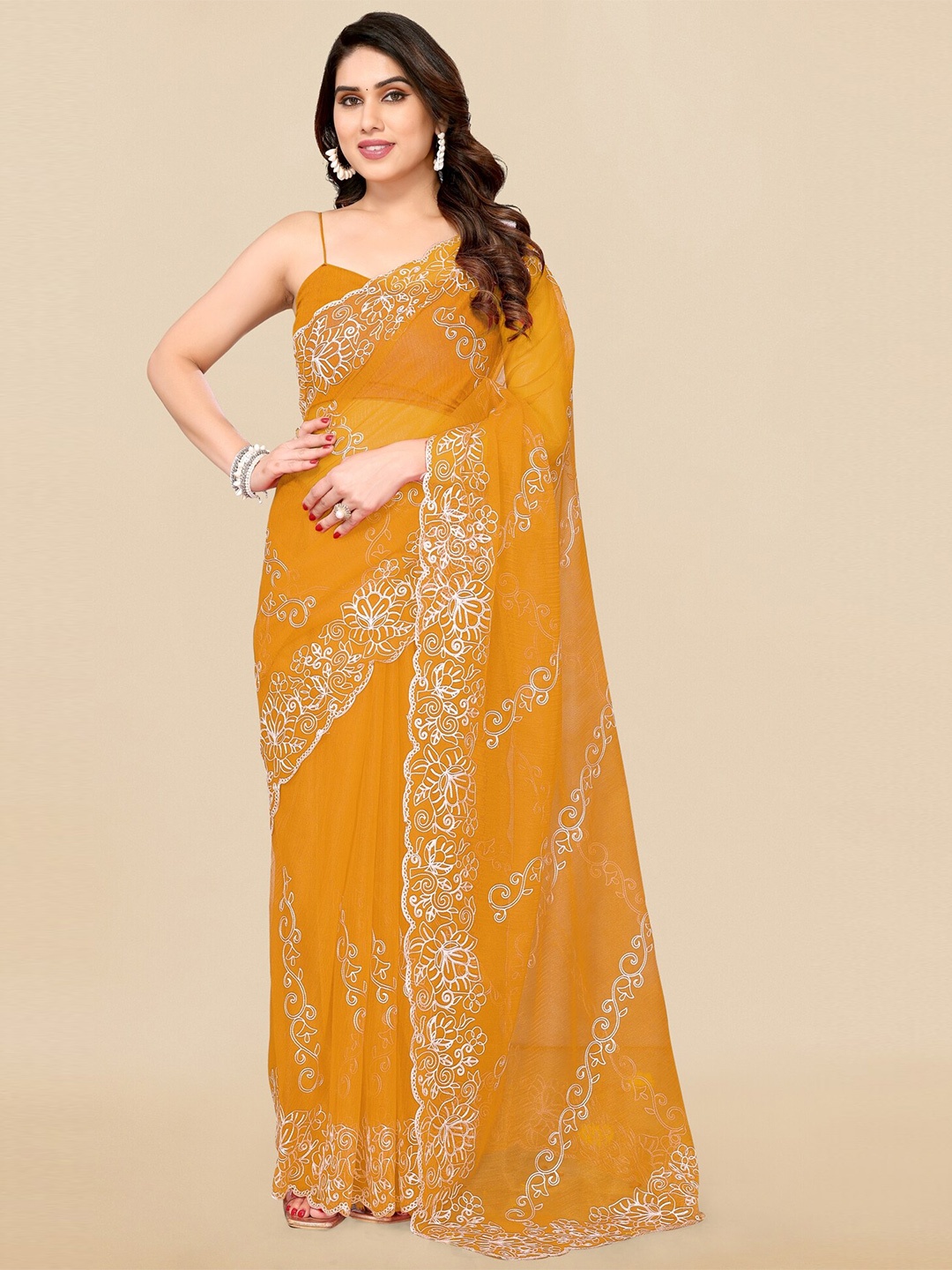 

MIRCHI FASHION Mustard Yellow & White Floral Embroidered Saree