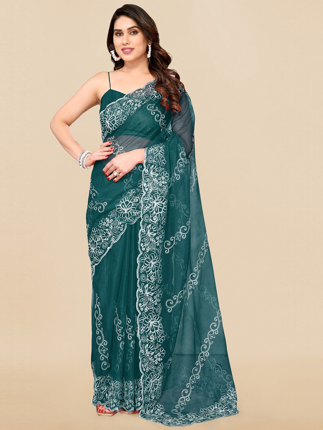 

MIRCHI FASHION Teal Green & White Floral Embroidered Net Saree