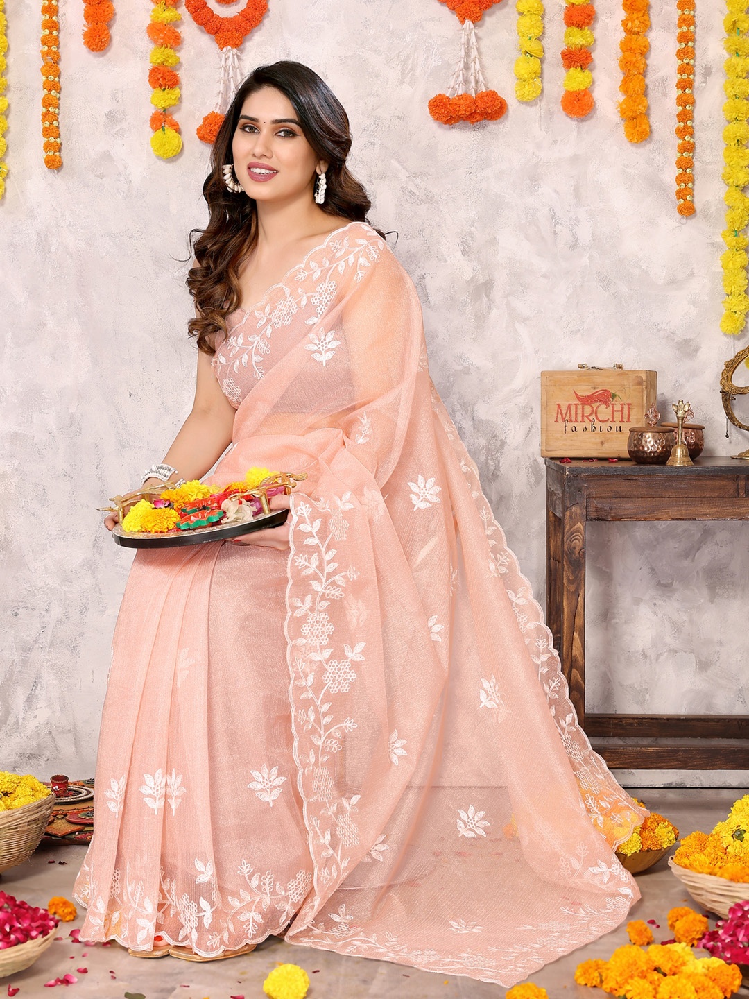 

MIRCHI FASHION Floral Embroidered Net Saree, Cream