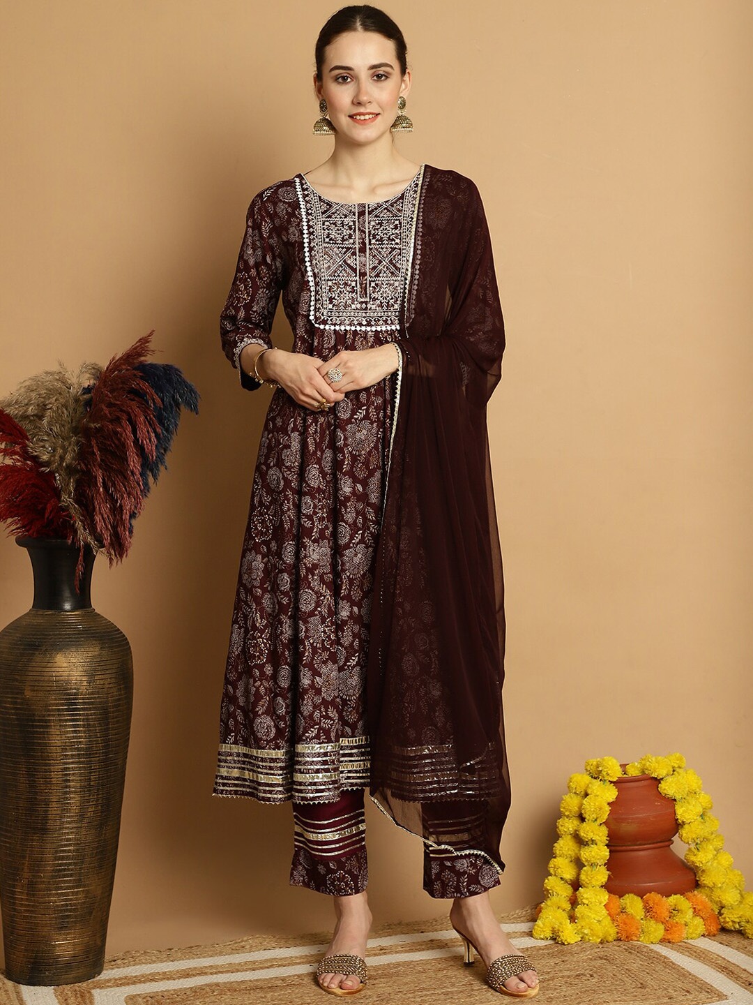

KALINI Ethnic Motifs Printed A-Line Kurta With Trousers & Dupatta, Maroon