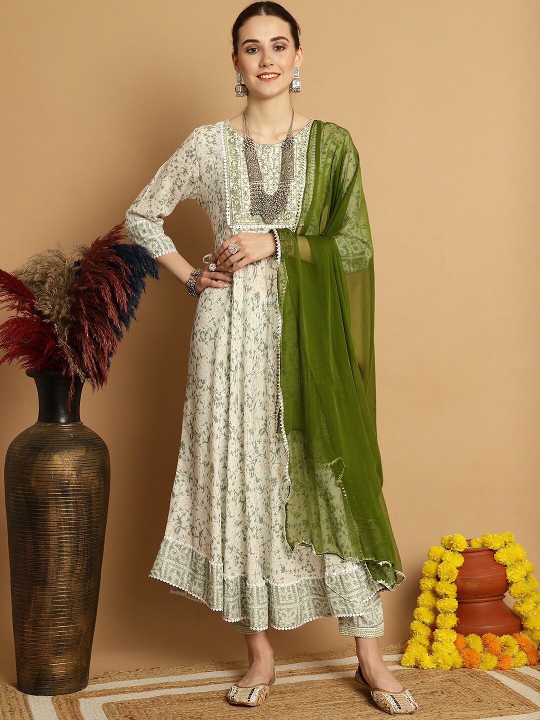 

KALINI Floral Printed Mirror Work A-Line Kurta With Trousers & Dupatta, Green