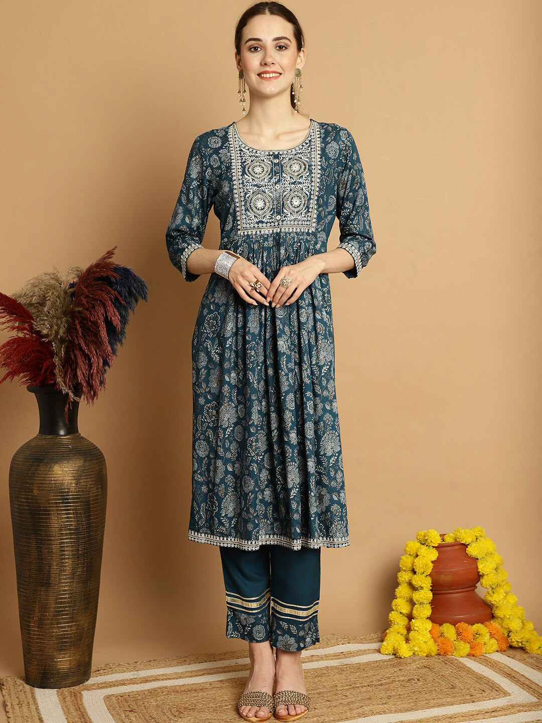 

KALINI Floral Printed Thread Work Detailed A-Line Kurta With Trouser, Navy blue