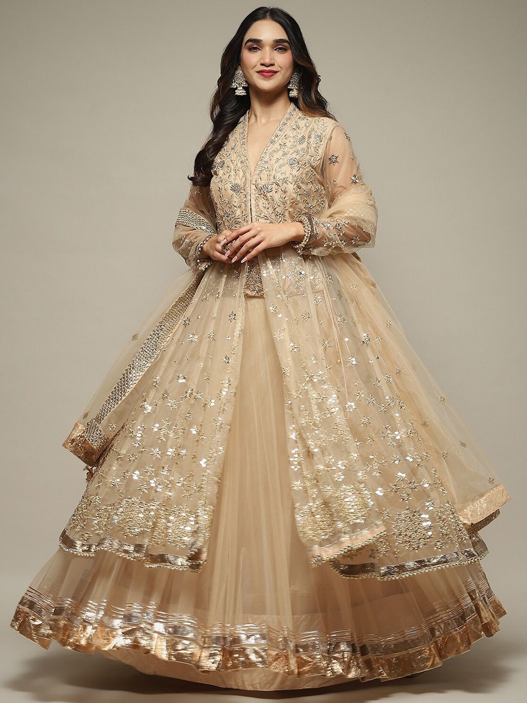 

Biba Embroidered Sequined Ready to Wear Lehenga & Blouse With Dupatta, Beige