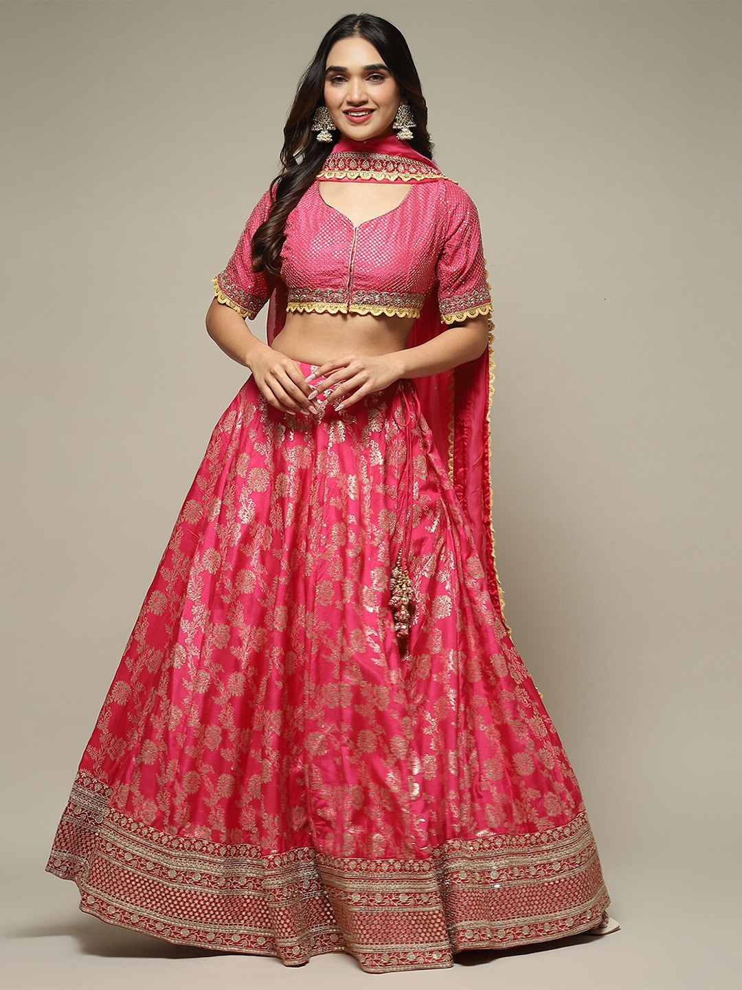 

Biba Embroidered Zari Ready to Wear Lehenga & Blouse With Dupatta, Fuchsia