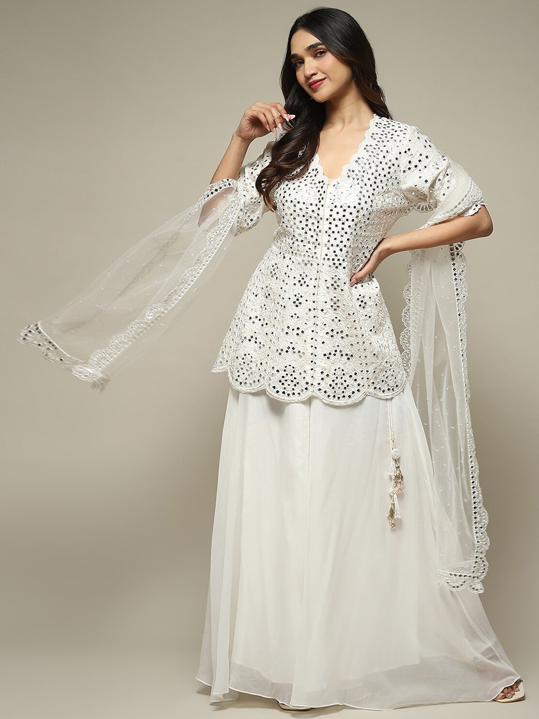 

Biba Embroidered V-Neck Mirror Work Ready to Wear Lehenga with Choli & Dupatta, Off white