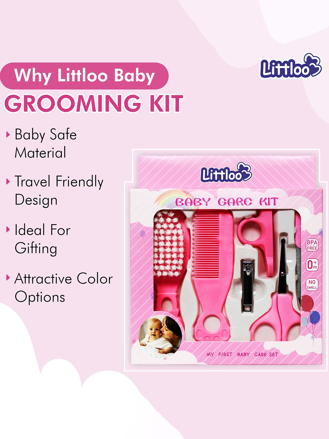 

Littloo Set of 6 Baby Nail Care Kit - Brush+Comb+Nail Clipper+Scissor+Nail Filer+Buffer, Pink