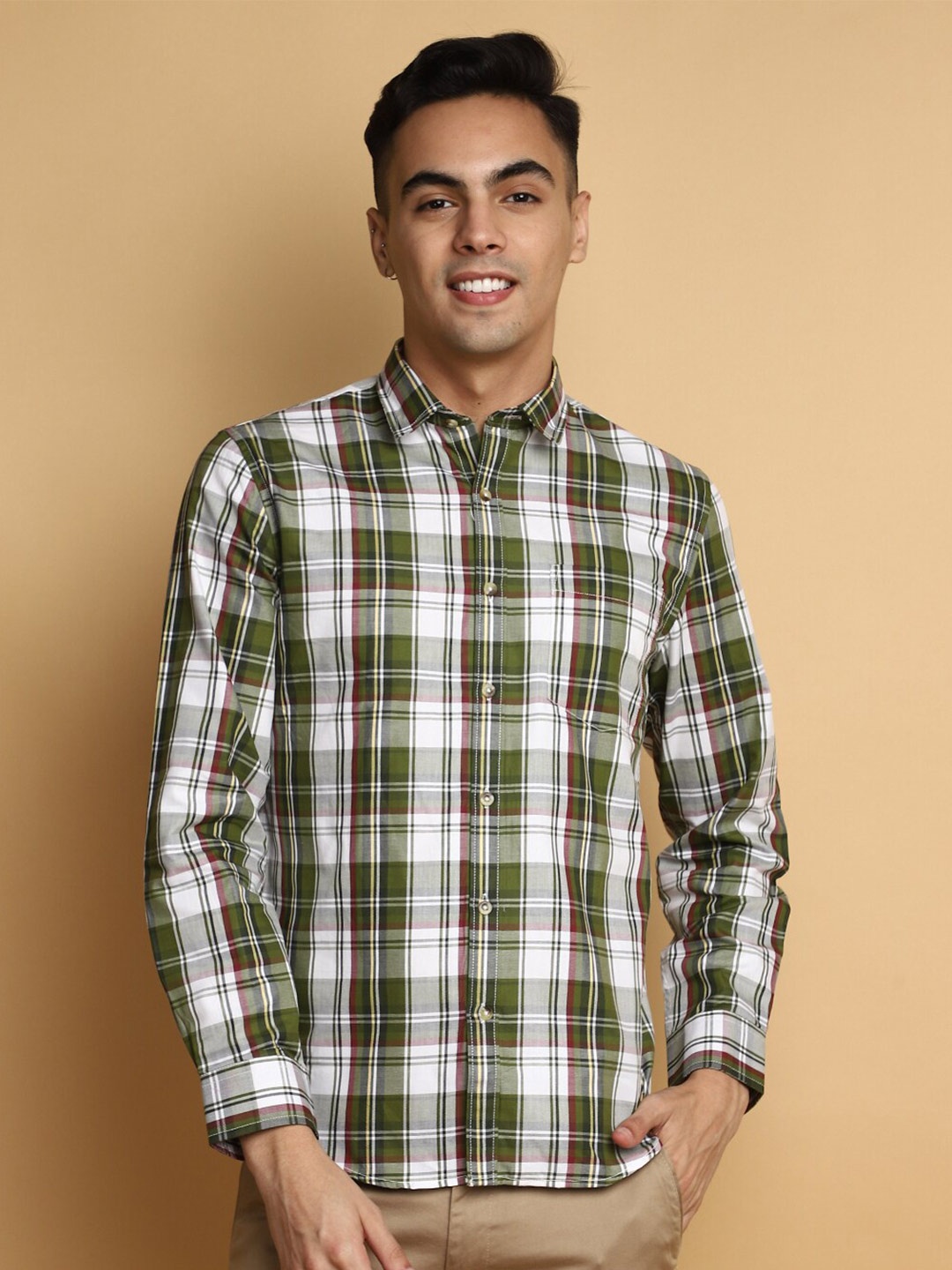 

V-Mart Tartan Checks Twill Cotton Casual Shirt, Olive