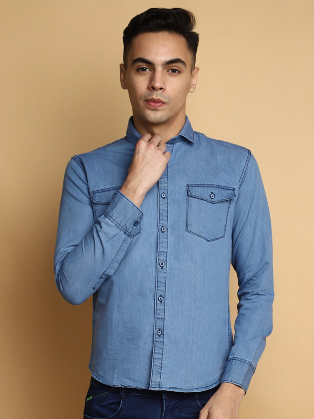 

V-Mart Slim Fit Spread Collar Denim Casual Shirt, Blue