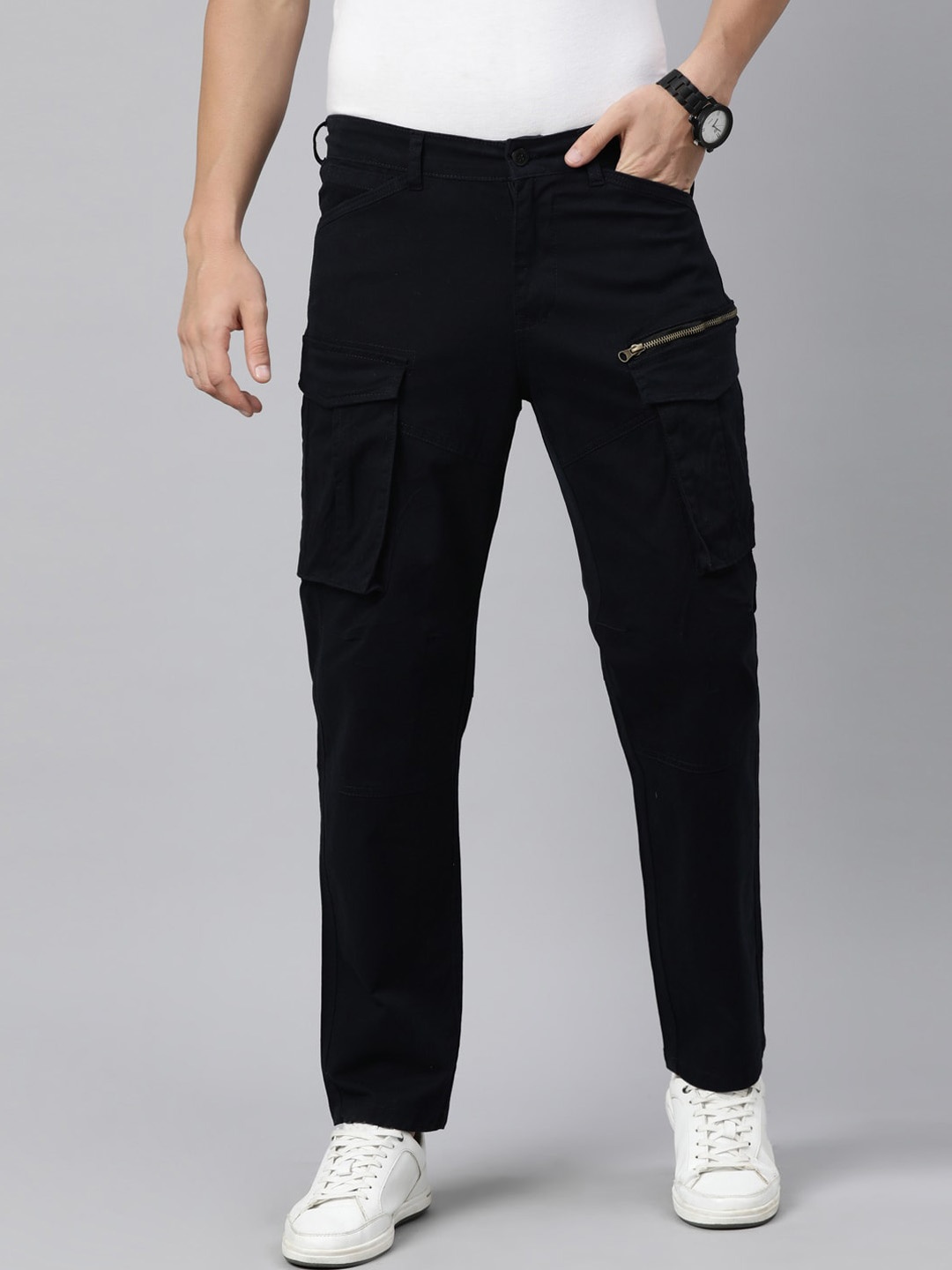 

CINOCCI Men Slim Fit Mid-Rise Cotton Cargos, Navy blue