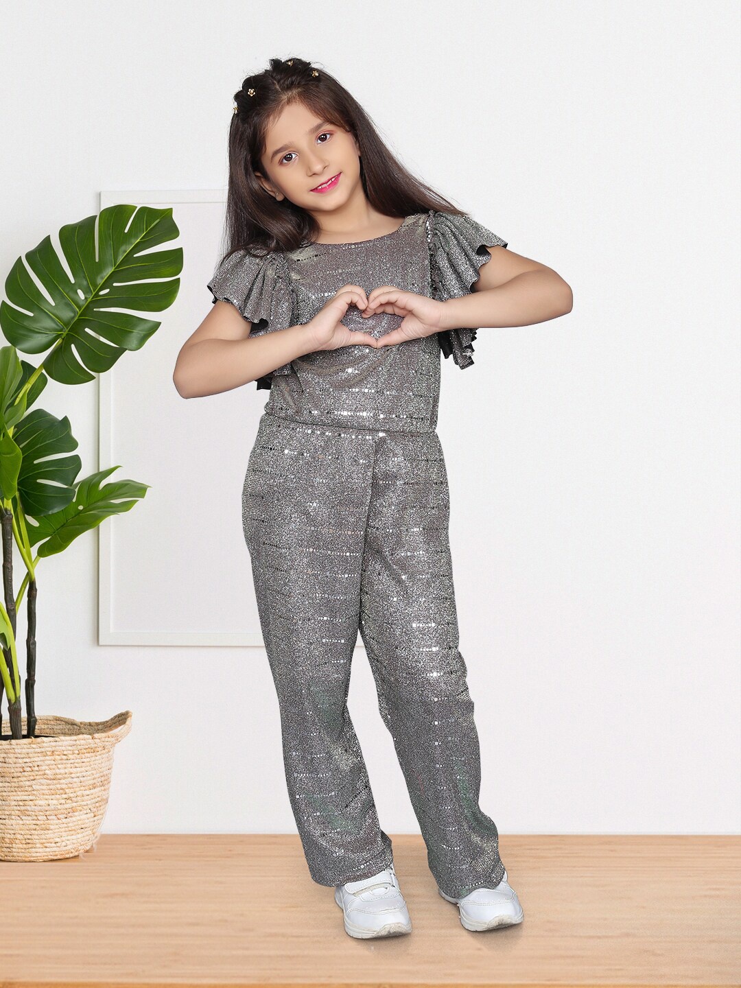 

ZIP ZAP ZOOP Girls Self Design Flutter Sleeves Basic Jumpsuit, Grey