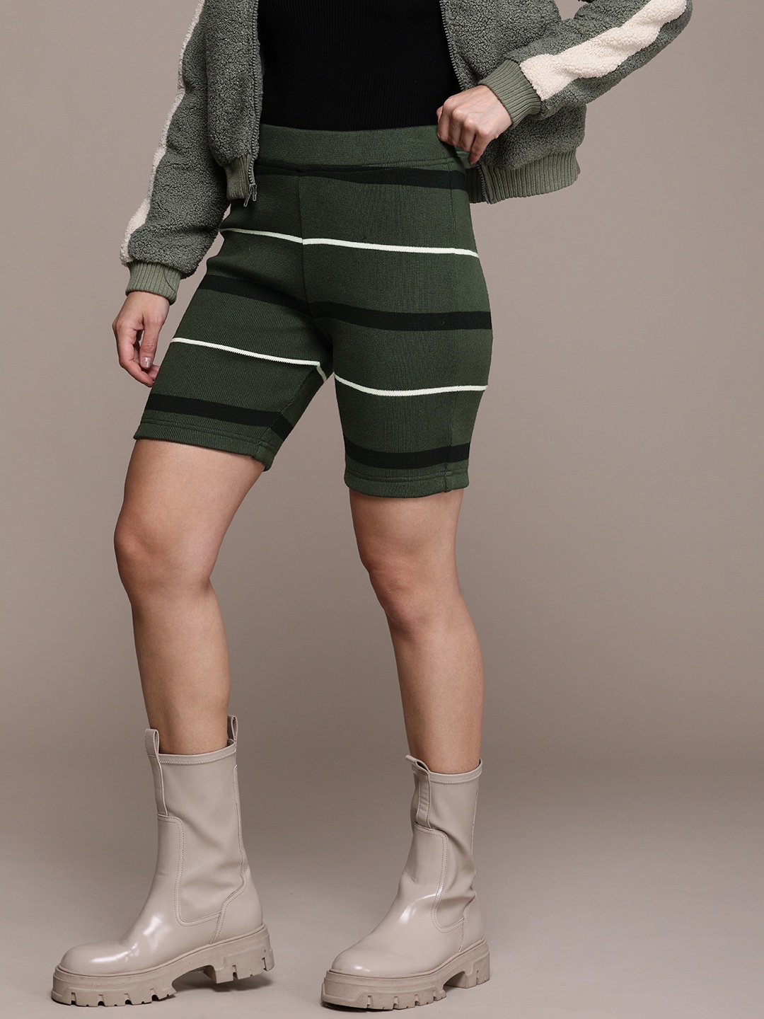 

Roadster Women Striped Shorts, Olive