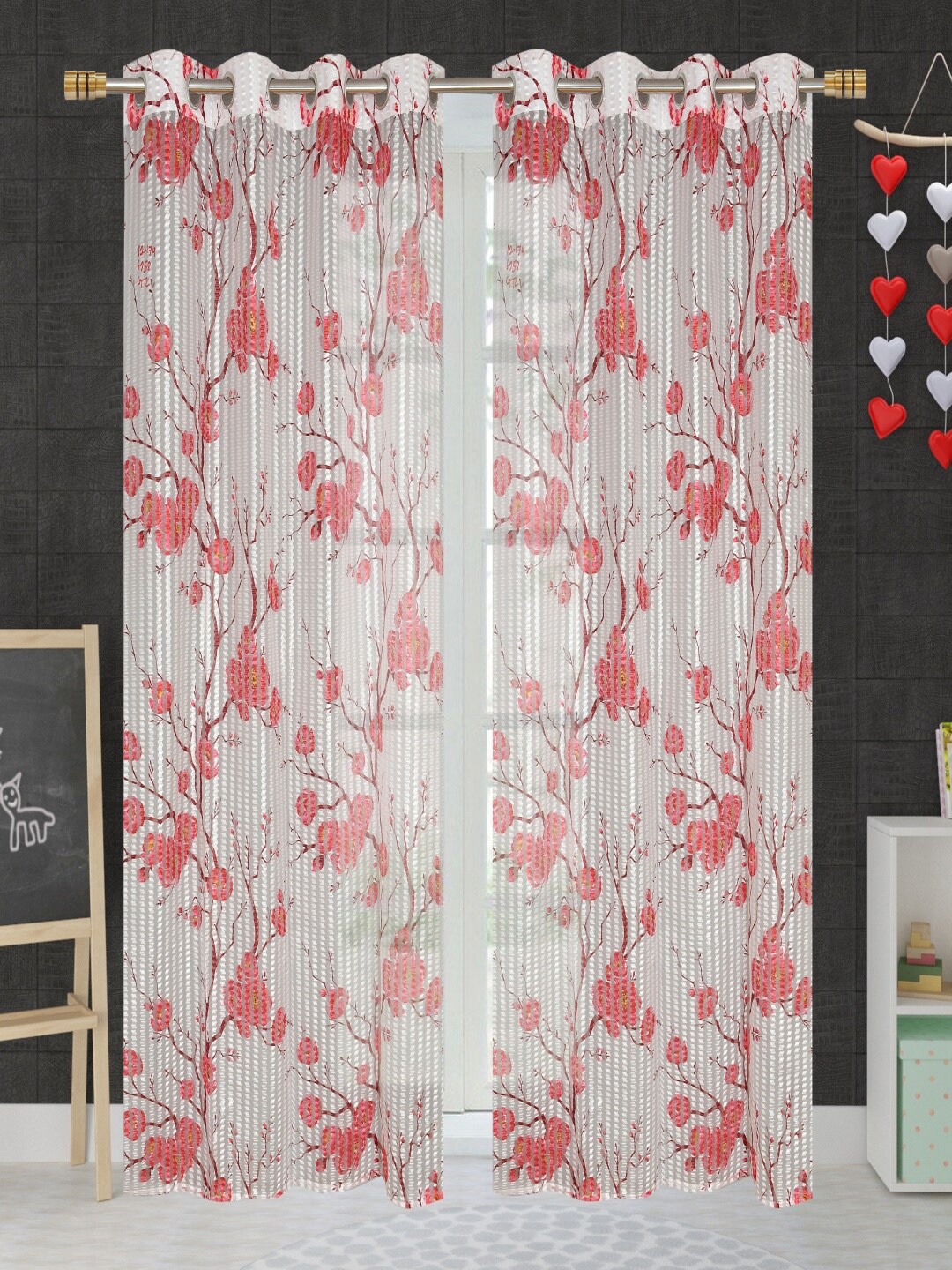 

Aura Maroon & White 2 Pieces Floral Sheer Door Curtains
