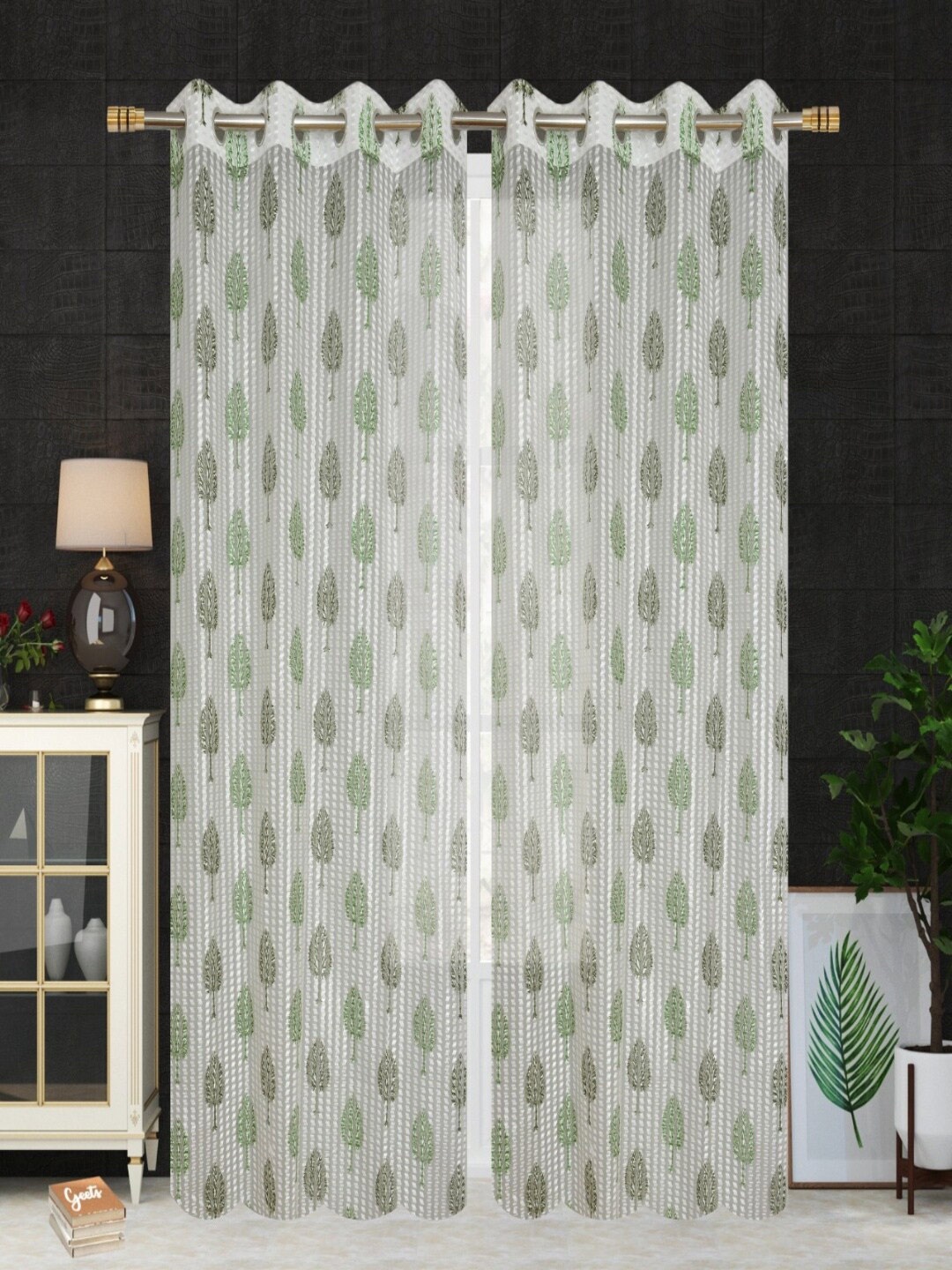 

Aura Green & White 2 Pieces Floral Printed Sheer Window Curtain