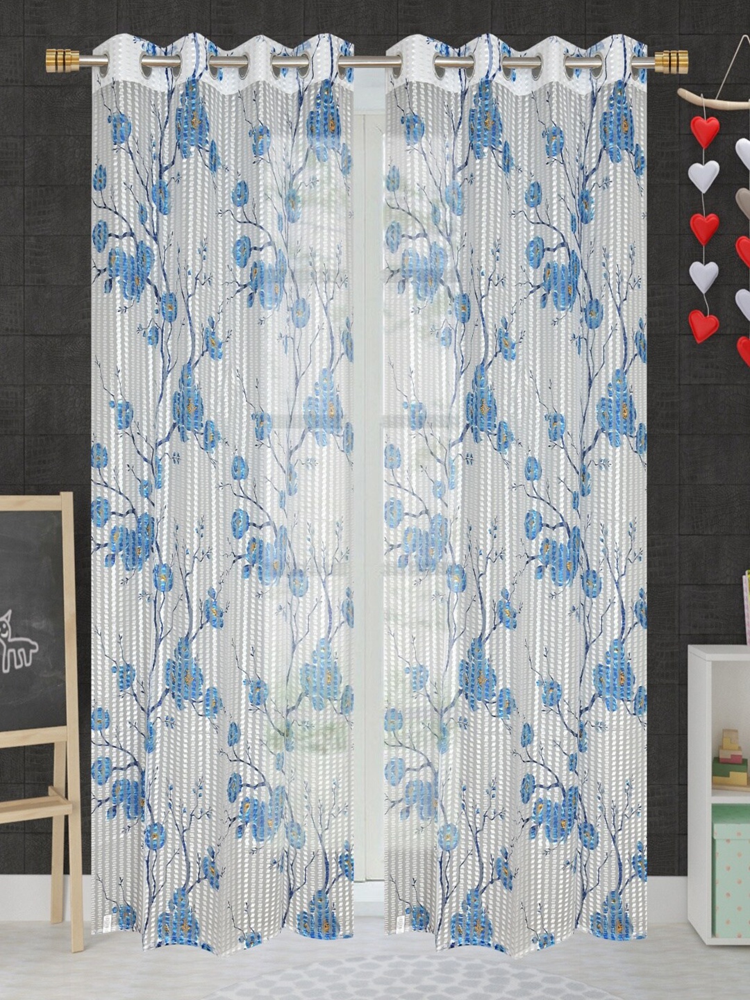 

Aura Blue & White 2 Pieces Floral Sheer Door Curtains