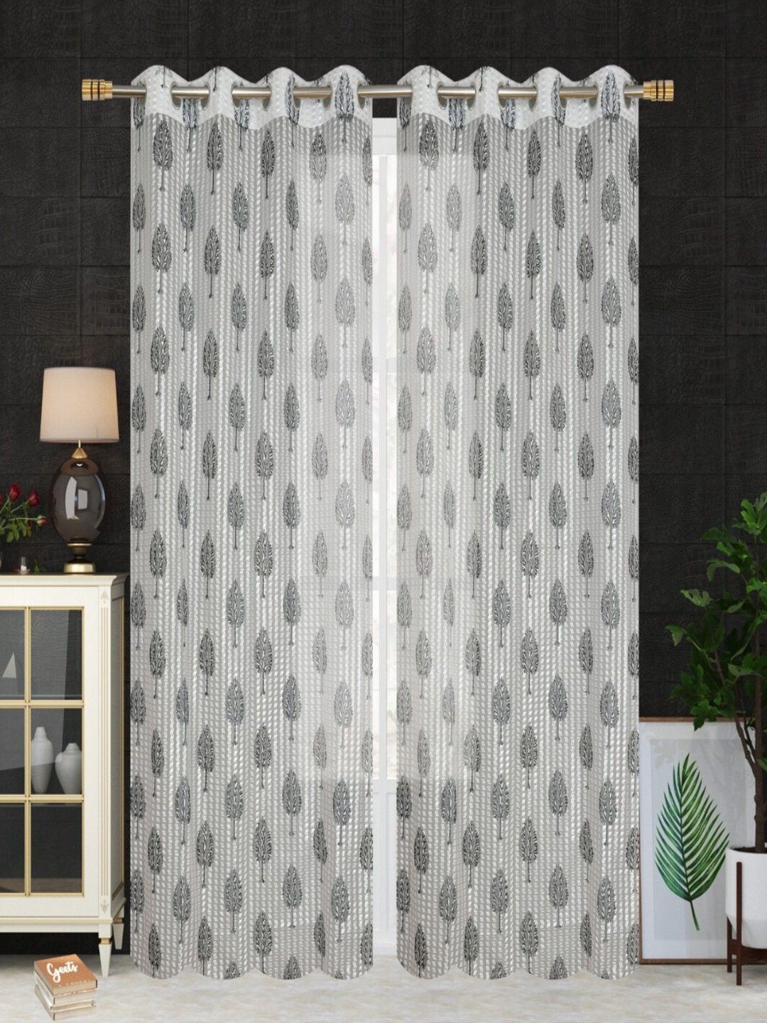 

Aura Grey & White 2 Pieces Floral Sheer Window Curtains