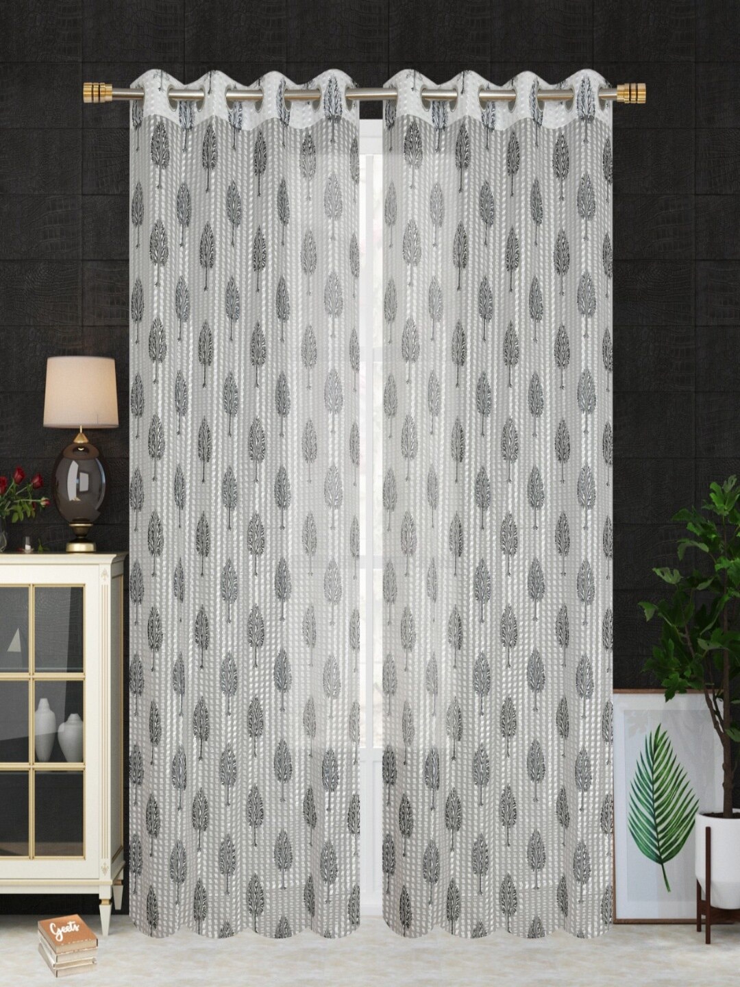 Aura Grey & White 2 Pieces Floral Printed Sheer Long Door Curtain