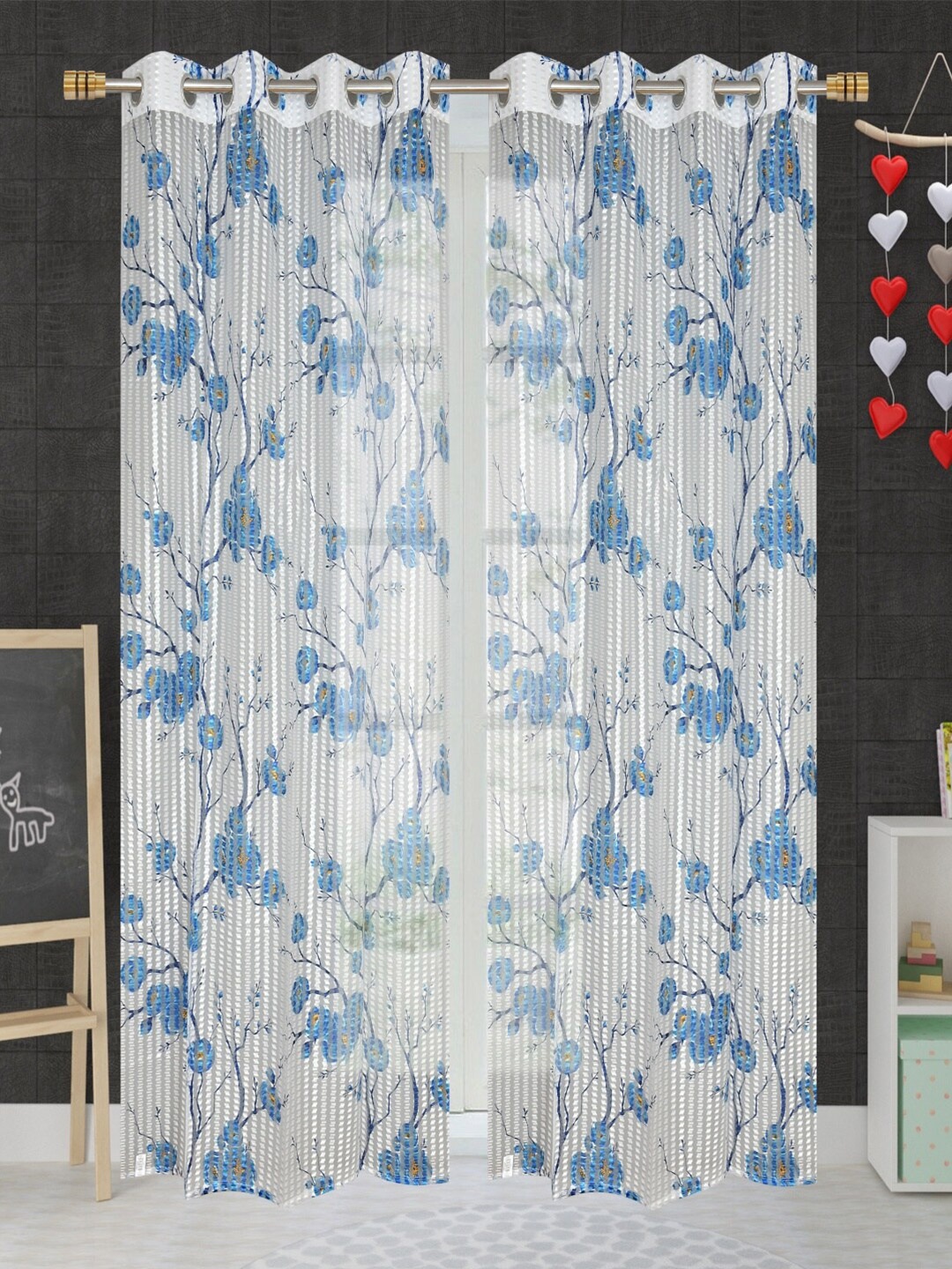 

Aura Blue & White 2 Pieces Floral Sheer Window Curtains