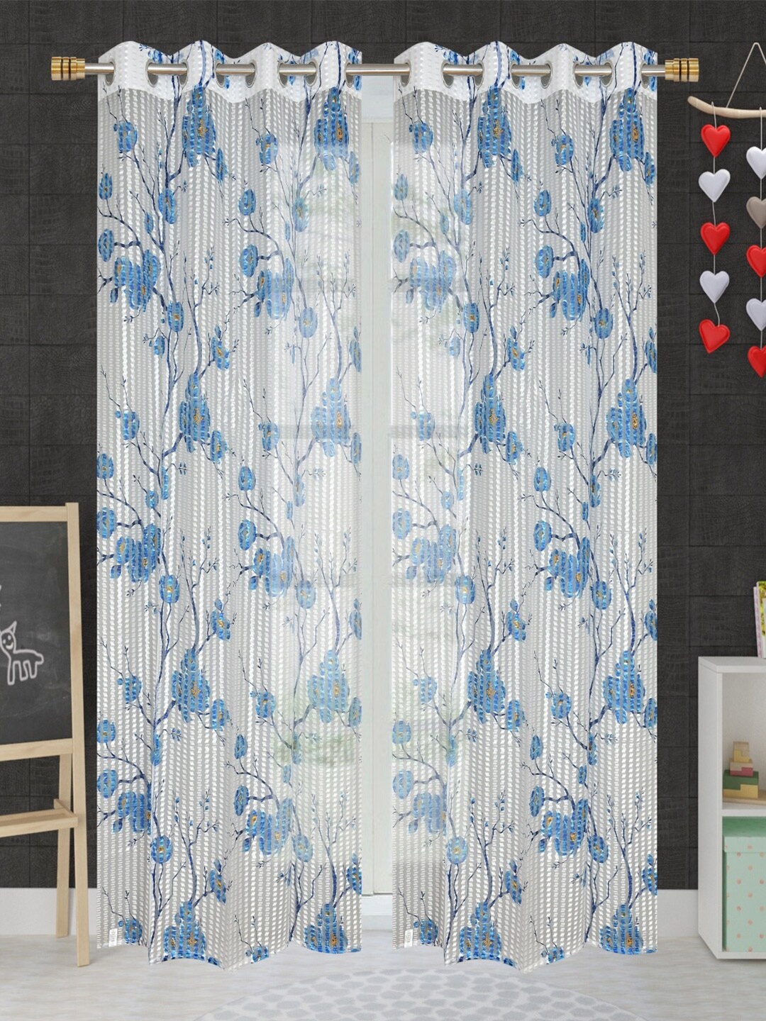 

Aura Blue & White 2 Pieces Floral Sheer Long Door Curtains