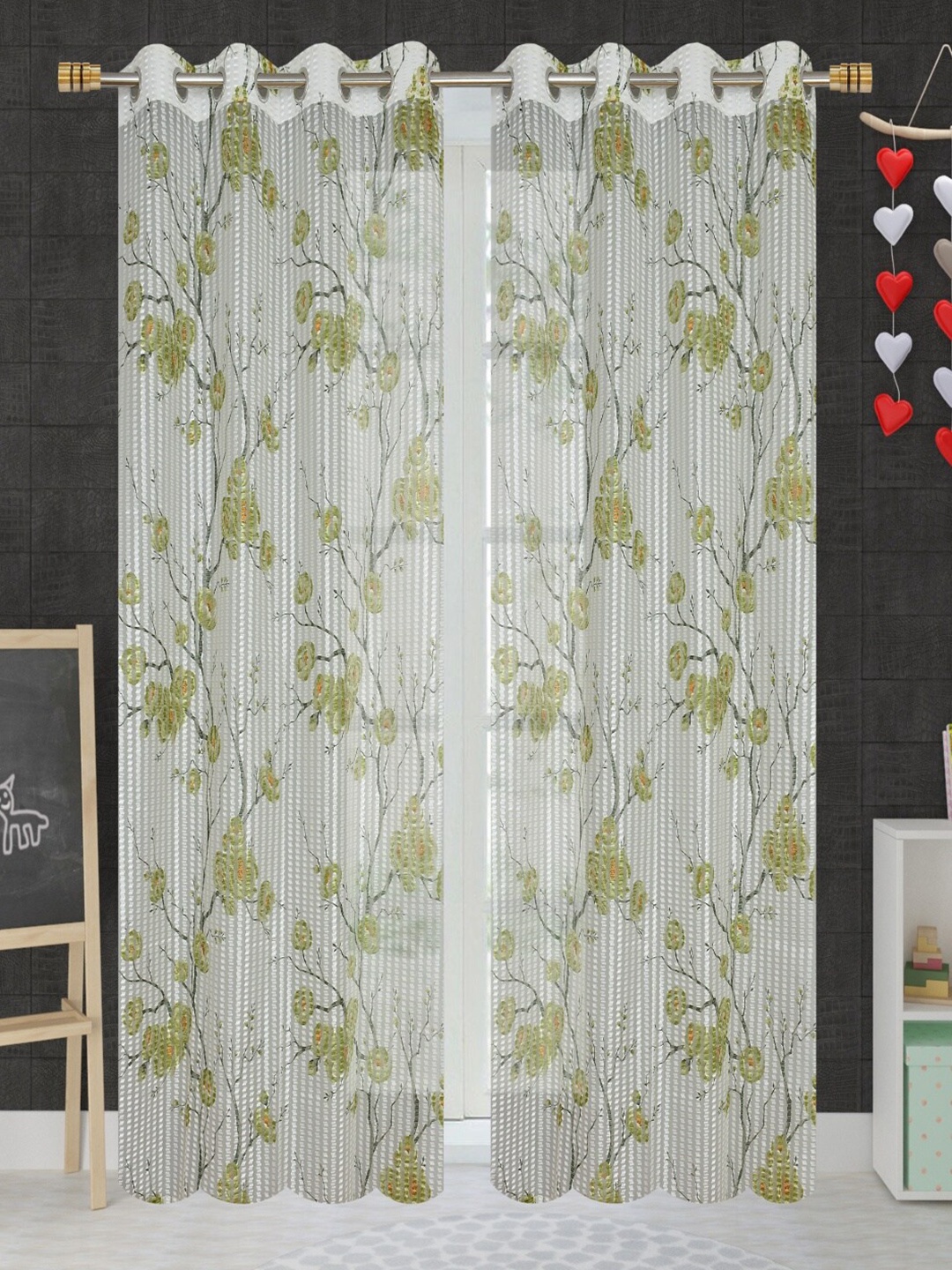 

Aura Green & White 2 Pieces Floral Sheer Door Curtains