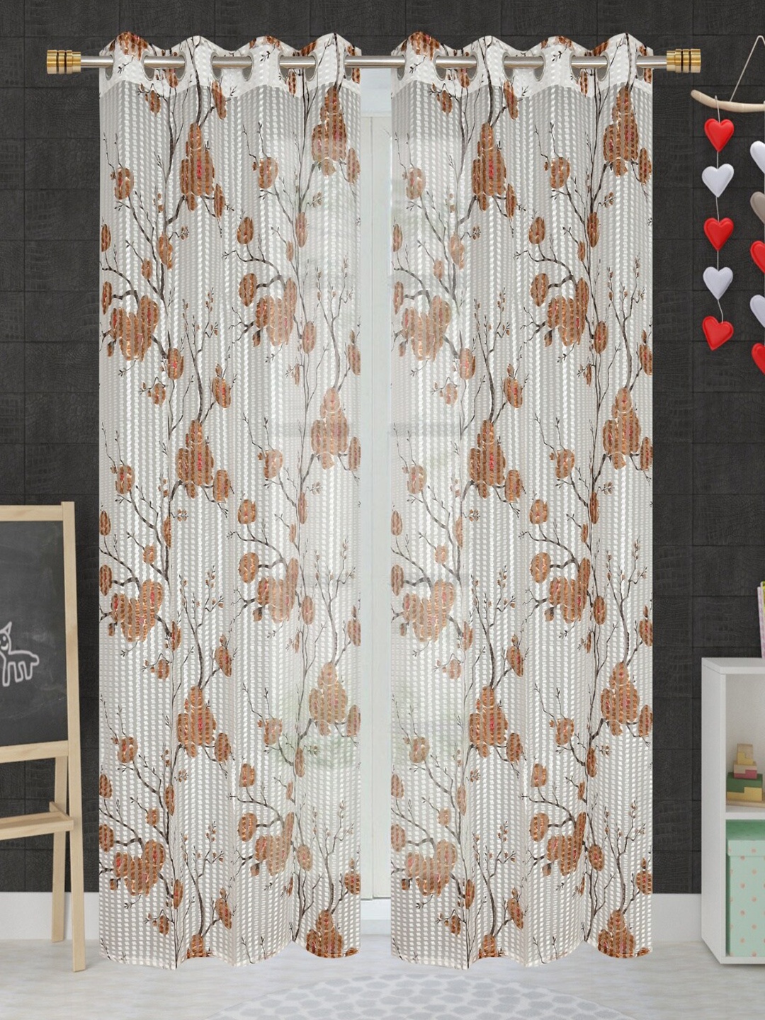 

Aura White & Brown 2 Pieces Floral Sheer Long Door Curtains