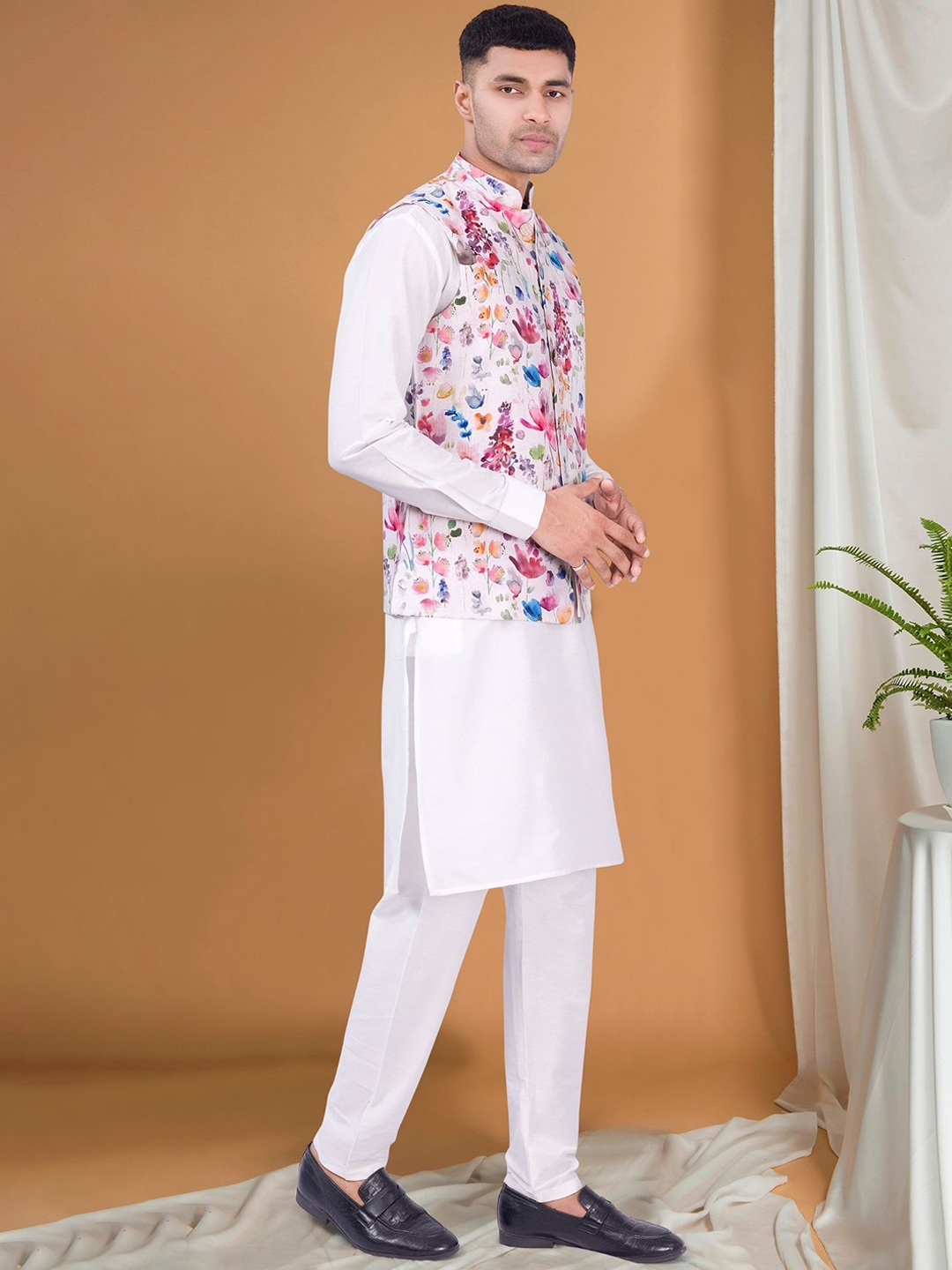 

SHIWAM ETHNIX Printed Pure Cotton Nehru Jacket, Cream